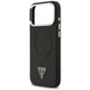 Czarne etui na telefon z wycięciem na aparat, ozdobione trójkątnym logo z napisem "GUESS U.S.A." oraz wytłoczonym napisem "GUESS" wokół okręgu. Na boku etui znajdują się dwa jasne przyciski.