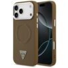 Brązowe etui na telefon z widocznym logo "GUESS U.S.A" w kształcie trójkąta oraz napisem "GUESS" powtarzającym się wokół okręgu. Etui jest przystosowane do systemu MagSafe i przeznaczone dla modelu Apple iPhone 17 Pro Max.