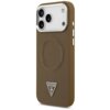 Brązowe etui na telefon z trzema widocznymi przyciskami bocznymi i wycięciem na aparat, ozdobione trójkątnym logo z napisem "GUESS U.S.A." oraz wytłoczonymi napisami "GUESS" wokół okręgu.