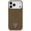 Brązowe etui na telefon z trzema wycięciami na aparaty, posiada wytłoczone logo "GUESS U.S.A." w kształcie trójkąta na dole. Wokół centralnego okręgu widnieje napis "GUESS" powtórzony czterokrotnie.
