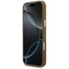 Brązowe etui na telefon z widocznymi przyciskami bocznymi, dopasowane do modelu iPhone. Na ekranie telefonu wyświetlany jest abstrakcyjny wzór z ciemnymi i jasnymi okręgami.