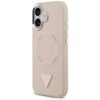 Różowe etui na telefon z logo "GUESS" w kształcie trójkąta na dole oraz okrągłym wzorem z napisem "GUESS" wokół centralnej części. Etui posiada wycięcia na aparat i przyciski boczne.