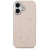 Różowe etui na telefon z widocznym logo "GUESS" w kształcie trójkąta na dole oraz napisem "GUESS" powtarzającym się w okręgu na środku. Etui posiada wycięcia na dwa obiektywy aparatu i lampę błyskową.