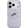 Przezroczyste fioletowe etui na telefon z nadrukiem postaci w okularach przeciwsłonecznych oraz powtarzającym się napisem "KARL LAGERFELD" w tle. Na dole etui widnieje wyraźny napis "KARL LAGERFELD".