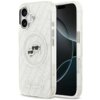 Przezroczyste etui na telefon z nadrukiem postaci w okularach przeciwsłonecznych oraz powtarzającym się napisem "KARL LAGERFELD". Na dole etui widoczne jest logo "KARL LAGERFELD".
