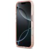 Różowe etui na telefon z przezroczystymi elementami i brokatowym wykończeniem, zaprojektowane dla modelu Apple iPhone 17, z widocznymi przyciskami bocznymi. Na ekranie telefonu widoczny jest abstrakcyjny wzór z ciemnym tłem i jasnymi, zaokrąglonymi kształtami.
