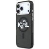 Czarne etui na telefon z brokatowym wykończeniem, ozdobione białym napisem "KARL" oraz grafiką przedstawiającą postacie w okularach przeciwsłonecznych. Etui posiada wycięcia na aparat i przyciski, a także okrągły wzór MagSafe.