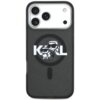 Czarne etui na telefon z brokatowym wykończeniem, ozdobione grafiką przedstawiającą postacie w okularach przeciwsłonecznych oraz napis "KARL". W górnej części widoczne są wycięcia na aparat z trzema obiektywami i lampą błyskową.