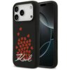 Czarne etui na telefon z czerwonymi serduszkami i białym napisem "Karl" na dole. Obok etui widoczny jest telefon z ciemnym ekranem.