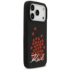 Czarne etui na telefon z czerwonym wzorem w kształcie serc oraz białym napisem "Karl" na dole. Etui posiada wycięcia na aparat i przyciski.