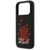 Czarne etui na telefon z czerwonymi sercami oraz białym napisem "Karl" na dole. Etui ma wycięcie na aparat i przyciski boczne.