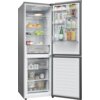 Lodówka HAIER HDPR1618ANPK No Frost 185cm Inox z otwartymi drzwiami, ukazująca wnętrze z półkami wypełnionymi różnorodnymi produktami spożywczymi, w tym butelkami, słoikami, owocami i warzywami. Na jednej z półek widoczny jest napis "AIR SURROUND" oraz "F