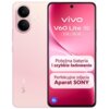 Na zdjęciu widoczny jest różowy smartfon z dwoma aparatami z tyłu oraz ekranem z przodu, na którym znajduje się tekst: "vivo V60 Lite 5G, 8 GB + 256 GB, Potężna bateria i szybkie ładowanie, Perfekcyjne zdjęcia Aparat SONY". Na obudowie telefonu widoczne j