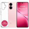 Różowy smartfon z dwoma aparatami z tyłu i wyświetlaczem z napisem "VIVO V60 Lite 5G 8 GB + 256 GB" na ekranie, obok przezroczystego etui. Na dole widoczny jest napis "ETUI w zestawie" na różowym tle.