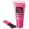 Różowa tubka błyszczyka do ust z napisem "Cra-Z-Art my look LIP GLOSS NET WT. 0.25 OZ (7 g)" oraz różowy pędzelek z czarnym włosiem.