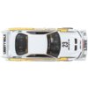 Biały model samochodu z czarnymi i złotymi detalami, oznaczony numerem 23, z widocznymi napisami "LIBERTY WALK", "LBWK", "DMC TURBO" oraz "Hot Wheels". Na masce znajduje się napis w języku japońskim, a na przedniej szybie widnieje napis "Best Performance".