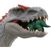 Na zdjęciu znajduje się szczegółowa figurka dinozaura o szarej skórze z czerwonymi akcentami, trzymająca w paszczy mniejszą, zieloną figurkę dinozaura. Figurka ma wyraźnie zaznaczone zęby i pomarańczowe oko.