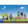 Na zdjęciu znajduje się zestaw figurek z gry Minecraft, przedstawiający postacie i stworzenia na tle pikselowego krajobrazu z drzewem, wodą i trawą. Widoczne są postacie z kwadratowymi głowami i ciałami, w tym postać z pomarańczowymi włosami, postać w niebieskiej koszulce, pies, zielony stwór, czarna postać z fioletowymi elementami oraz szary szkielet.