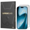 Na zdjęciu widoczna jest czarna opakowanie z napisem "SUPREMEGLASS" oraz "ILERA INNOVATIVE PROTECTION", obok którego znajduje się szkło hartowane na telefon z niebieskim wzorem. Logo "ILERA" znajduje się na dole opakowania.
