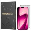 Na zdjęciu znajduje się opakowanie produktu z napisem "SUPREME GLASS" oraz logo "ILERA INNOVATIVE PROTECTION", obok którego widoczna jest szybka ochronna na ekran telefonu. Opakowanie ma ciemny kolor z geometrycznymi wzorami, a szybka jest przezroczysta i nałożona na różowy ekran telefonu.