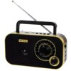 Przenośne radio w kolorze czarno-złotym z widocznym logo "BLOW" na przedniej części. Radio posiada okrągłe pokrętło do regulacji częstotliwości oraz mniejsze pokrętło do regulacji głośności z napisem "VOLUME".