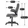 Szary fotel biurowy obrotowy z ergonomicznym designem, z widocznymi wymiarami: szerokość siedziska 60 cm, głębokość siedziska 50 cm, wysokość oparcia 65 cm, oraz regulowana wysokość całkowita od 105 do 114 cm. Fotel posiada podłokietniki i pięcioramienną 