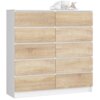 Biała komoda z dziesięcioma szufladami w kolorze dąb sonoma mat, o wymiarach 120x40x121 cm. Na górze komody znajdują się białe buty i filiżanka.