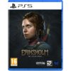 Okładka gry na PS5 zatytułowanej "Eriksholm The Stolen Dream" przedstawia postać kobiety z brązowymi włosami, a w tle widoczny jest ciemny, ozdobny wzór. Na dole okładki znajdują się logotypy: "River End Games", "Nordcurrent" oraz "PEGI 16".