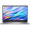 Laptop z wyświetlaczem prezentującym kolorowe, abstrakcyjne wzory w odcieniach niebieskiego, różowego i żółtego. Klawiatura jest widoczna, a obudowa ma srebrny kolor.