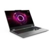 Na zdjęciu widoczny jest otwarty laptop z kolorowym, podświetlanym ekranem, na którym wyświetlany jest abstrakcyjny, różowy wzór w kształcie okręgu. Klawiatura laptopa jest podświetlana różnymi kolorami, a na obudowie ekranu znajduje się napis "Lenovo LOQ