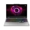 Na zdjęciu widoczny jest otwarty laptop z kolorową klawiaturą i ekranem wyświetlającym abstrakcyjny, różowy wzór w kształcie okręgu. W prawym górnym rogu ekranu znajduje się napis "Lenovo LOQ".