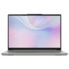 Na zdjęciu widoczny jest otwarty laptop z dużym ekranem, na którym wyświetlany jest abstrakcyjny, pastelowy wzór w odcieniach różu i fioletu. Klawiatura laptopa jest szara, a obudowa ma nowoczesny, minimalistyczny design.