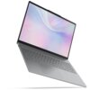 Srebrny laptop z dużym ekranem wyświetlającym abstrakcyjną grafikę w pastelowych kolorach różu i błękitu. Klawiatura jest pełnowymiarowa, a obudowa ma smukły design.