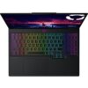 Laptop z otwartym ekranem, na którym widoczny jest krajobraz z burzowym niebem, oraz klawiatura z podświetleniem RGB w różnych kolorach. Na obudowie znajduje się logo "Legion".