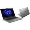 Na zdjęciu widoczny jest laptop z otwartym ekranem, na którym wyświetlany jest abstrakcyjny, kolorowy wzór przypominający wir. Obok znajduje się zamknięty laptop z widocznym logo "LOQ" na obudowie.