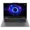 Laptop z kolorową klawiaturą i wyświetlaczem pokazującym abstrakcyjny, świetlisty wzór w kształcie okręgu. W prawym górnym rogu ekranu widoczny jest napis "Lenovo LOQ".