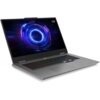 Laptop z otwartym ekranem wyświetlającym abstrakcyjną grafikę z niebiesko-fioletowymi okręgami, z widocznym napisem "Lenovo LOQ" w rogu. Klawiatura jest podświetlana wielokolorowo, a obudowa ma srebrny kolor.