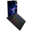 Laptop z kolorową klawiaturą podświetlaną, wyświetlający grafikę z krajobrazem górskim i błyskawicami na ekranie, z widocznym logo producenta w górnym rogu. Na ekranie znajduje się napis "Legion".