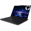 Laptop z otwartym ekranem wyświetlającym grafikę z błyskawicami nad futurystycznym miastem, z widocznym logo "Lenovo LEGION" w prawym dolnym rogu. Klawiatura jest podświetlana w różnych kolorach.