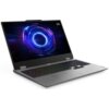 Laptop z otwartym ekranem wyświetlającym abstrakcyjną grafikę z niebieskimi i fioletowymi okręgami, z widocznym logo "Lenovo LOQ" w prawym górnym rogu. Klawiatura jest podświetlana w różnych kolorach.