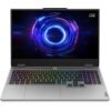 Laptop z kolorową klawiaturą podświetlaną w różnych barwach, z wyświetlaczem pokazującym abstrakcyjny, kolorowy wzór przypominający wir. W prawym górnym rogu ekranu widoczne jest logo "Lenovo LOQ".