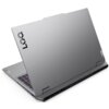 Na zdjęciu widoczny jest srebrny laptop z otwartą pokrywą, na której znajduje się logo "LOQ". Klawiatura jest podświetlona na fioletowo, a na obudowie widoczne są napisy "Lenovo" i "LOQ".