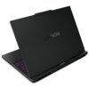 Czarny laptop z widocznym logo "LEGION" na pokrywie, częściowo otwarty, z podświetlaną klawiaturą w kolorze fioletowym. Na dolnej krawędzi ekranu znajduje się logo "Lenovo".