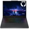 Laptop z kolorową klawiaturą podświetlaną, na ekranie widoczna jest grafika przedstawiająca futurystyczne miasto z błyskawicami na niebie. W prawym górnym rogu ekranu znajduje się logo i napis "Lenovo LEGION".