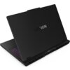 Na zdjęciu widoczny jest czarny laptop z otwartą pokrywą, na której znajduje się napis "LEGION". Klawiatura laptopa jest podświetlona na fioletowo, a na dolnej krawędzi obudowy widoczny jest napis "Lenovo".