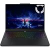 Laptop z kolorową klawiaturą podświetlaną, na ekranie widoczna jest grafika przedstawiająca futurystyczne miasto z błyskawicami na niebie. W prawym dolnym rogu ekranu znajduje się napis "Lenovo LEGION".