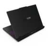 Czarny laptop z widocznym logo "LEGION" na pokrywie, z otwartą klawiaturą podświetloną na fioletowo. Na zawiasie znajduje się napis "Lenovo".