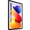 Tablet z dużym ekranem, na którym widoczna jest kolorowa grafika z napisem "REDMI Pad 2 Pro" oraz logo "mi" w pomarańczowym kwadracie. Urządzenie ma cienkie ramki i srebrną obudowę.