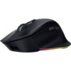 Czarna mysz komputerowa z widocznym logo "RAZER" na górnej powierzchni, posiadająca teksturowane boki i podświetlenie RGB u podstawy. Na myszce znajdują się dwa dodatkowe przyciski boczne oraz wyraźne, gumowane kółko przewijania.