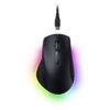 Czarna mysz komputerowa z logo "RAZER" widocznym na powierzchni, podłączona kablem USB-C, otoczona kolorowym podświetleniem.
